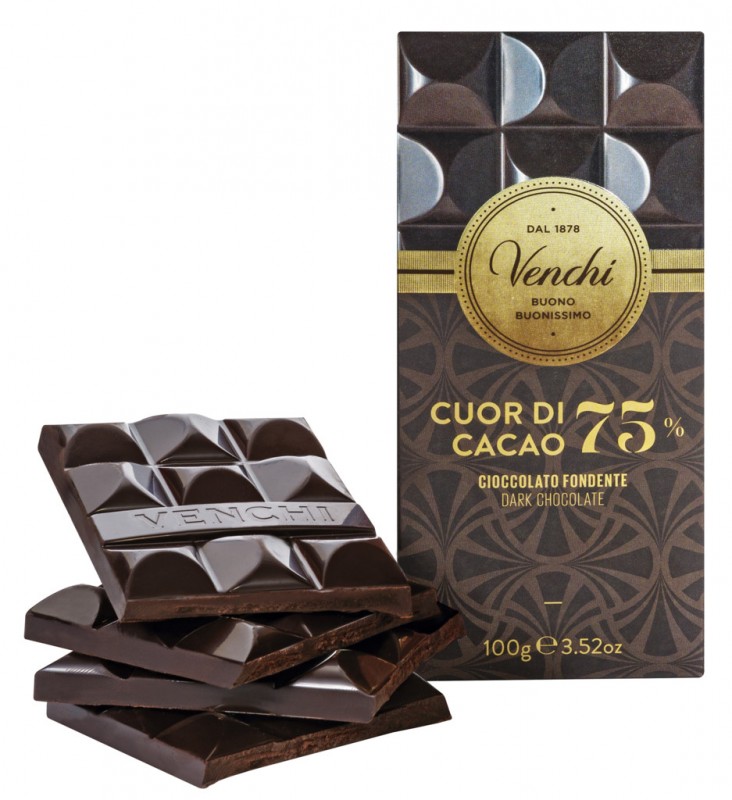 75% mørk chokoladebar, 75% mørk chokolade, Venchi - 100 g - stykke