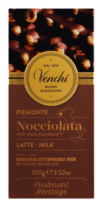 Milk Chocolate Hazelnut Bar, Vollmilchschokolade mit ganzen Haselnüssen, Venchi - 100 g - Stück