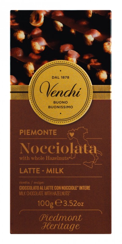 Milk Chocolate Hazelnut Bar, whole milk chocolate with whole hazelnuts, Venchi - 100 g - piece