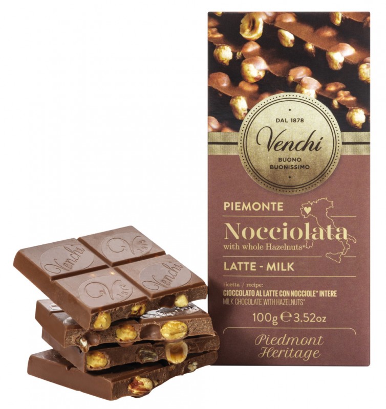 Milk Chocolate Hazelnut Bar, whole milk chocolate with whole hazelnuts, Venchi - 100 g - piece