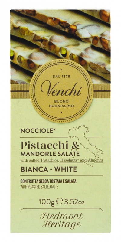 White Chocolate with salted nuts Bar, Weiße Schokolade mit gesalzenen Nüssen, Venchi - 100 g - Stück