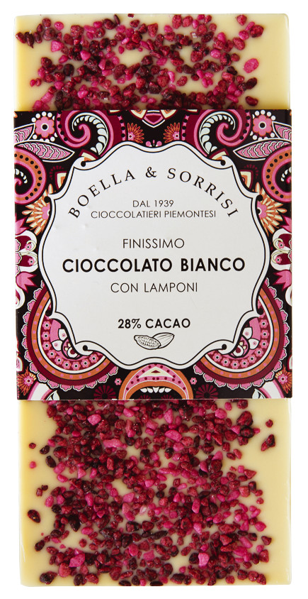 Cioccolato bianco con croccante al gusto lampone, Weiße Schokolade mit knusprigem Himbeergeschmack, Boella Sorrisi - 100 g - Stück