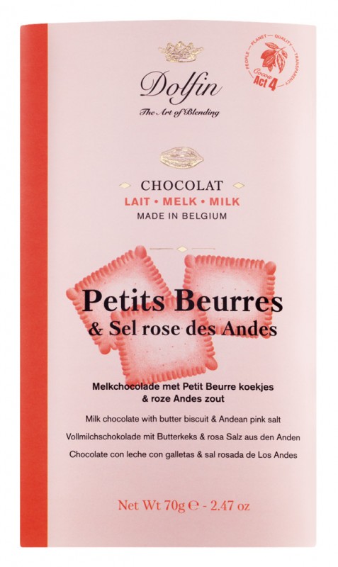 Tablette, lait Petits Beurres & sel des Andes, Vollmilchschokolade mit Butterkeks und rosa Salz, Dolfin - 70 g - Stück