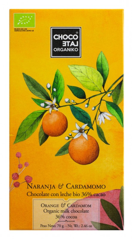 Chocolat au Lait 46% Cacao Orange-Cardamome Bio, Chocolat au Lait 46% Cacao avec Orange-Cardamome, Chocolat Orgániko - 70g - pièce