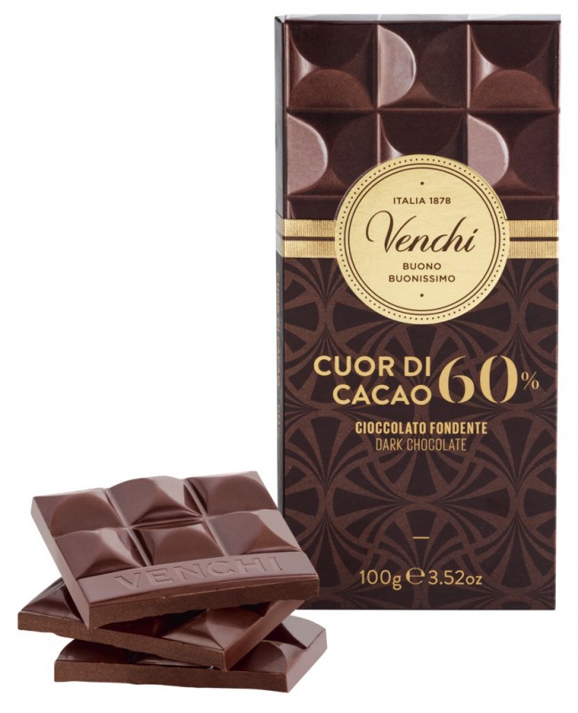 60% mørk chokoladebar, 60% mørk chokolade, Venchi - 100 g - stykke