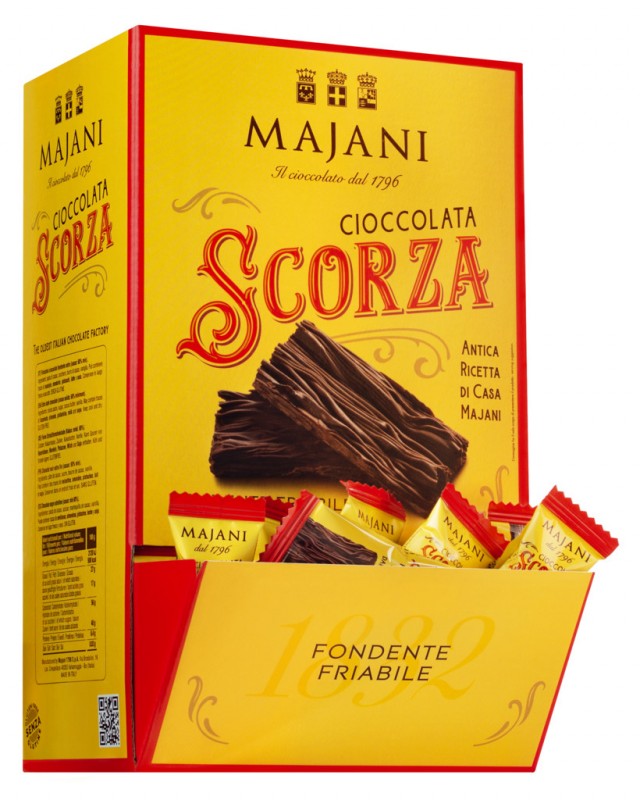 Scorza Cioccolata Fondente 60%, chocolat fin extra noir, présentoir, Majani - 700g - écran