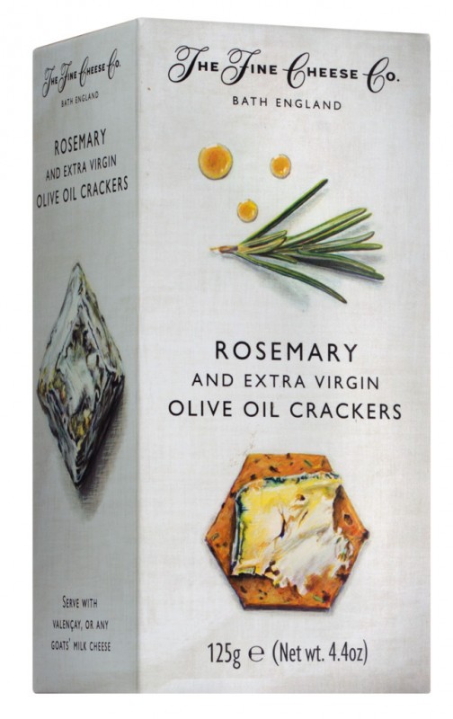 Rozemarijn en Extra Vierge Olijfolie Crackers, crackers voor kaas met rozemarijn en olijfolie, The Fine Cheese Company - 125g - inpakken