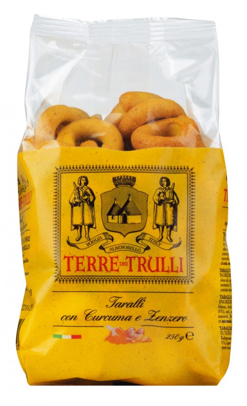 Taralli con Curcuma e Zenzero, Salzgebäck mit Kurkuma und Ingwer, Terre dei Trulli - 250 g - Beutel Taralli con Curcuma e Zenzero, Salzgebäck mit Kurkuma und Ingwer, Terre dei Trulli - 250 g - Beutel