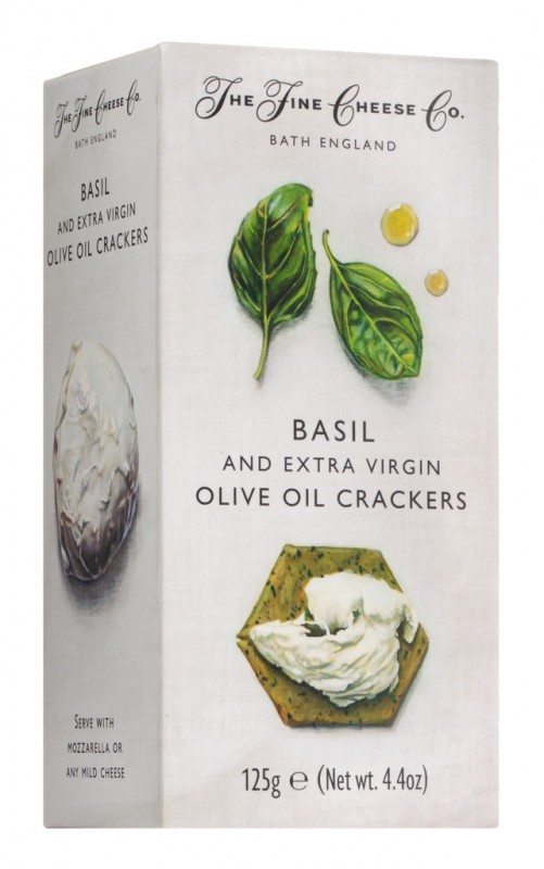 Basilicum en Extra Vierge Olijfolie Crackers, crackers voor kaas met basilicum en olijfolie, The Fine Cheese Company - 125g - inpakken