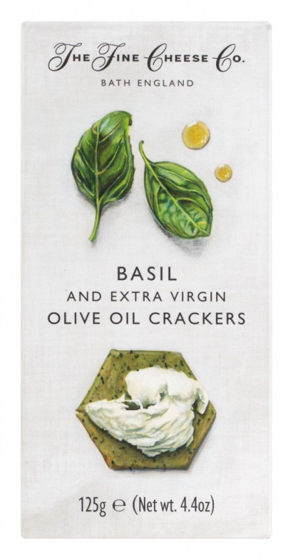 Basilicum en Extra Vierge Olijfolie Crackers, crackers voor kaas met basilicum en olijfolie, The Fine Cheese Company - 125g - inpakken