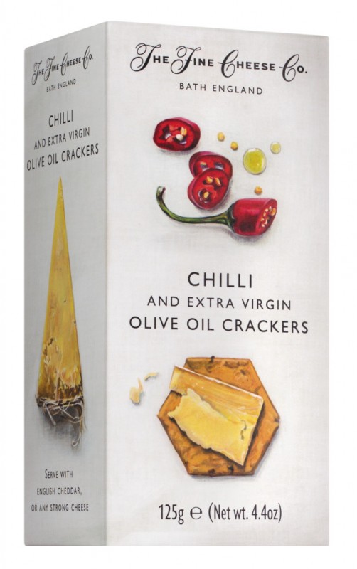 Crackers au piment et à l`huile d`olive extra vierge, Crackers au fromage à l`huile d`olive pimentée, The Fine Cheese Company - 125g - pack Crackers au piment et à l`huile d`olive extra vierge, Crackers au fromage à l`huile d`olive pimentée, The Fine Cheese Company - 125g - pack