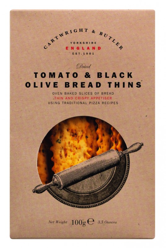 Tomato + Black Olive Bread Thins, Salzgebäck mit Tomaten + schwarzen Oliven, Cartwright & Butler - 100 g - Packung