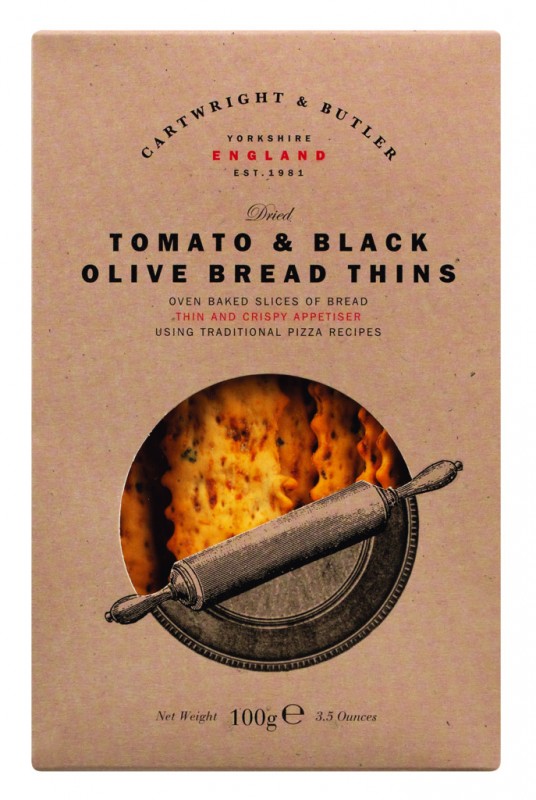Tomato + Black Olive Bread Thins, Salzgebäck mit Tomaten + schwarzen Oliven, Cartwright & Butler - 100 g - Packung Tomato + Black Olive Bread Thins, Salzgebäck mit Tomaten + schwarzen Oliven, Cartwright & Butler - 100 g - Packung
