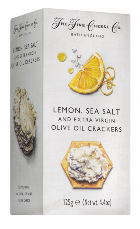Lemon, Sea Salt & Extra Virgin Olive Oil Crackers, Cracker für Käse mit Zitrone, Meersalz & Olivenöl, The Fine Cheese Company - 125 g - Packung Lemon, Sea Salt & Extra Virgin Olive Oil Crackers, Cracker für Käse mit Zitrone, Meersalz & Olivenöl, The Fine Cheese Company - 125 g - Packung