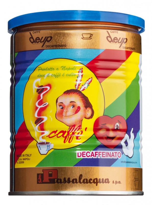 Deup macinato, 80% Arabica, 20% Robusta, ground, decaffeinated, Passalacqua - 250 g - can