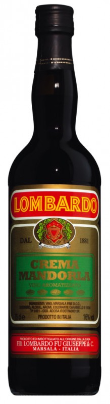 Crema Mandorla Vino Aromatizzato, Flavored Almond Wine from Sicily, Lombardo, ORGANIC - 0.75L - bottle