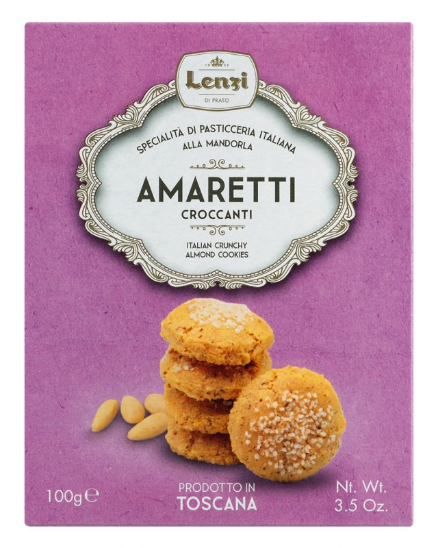 Amaretti croccanti alle mandorle, macarons croustillants aux amandes, lenzi - 100g - pack