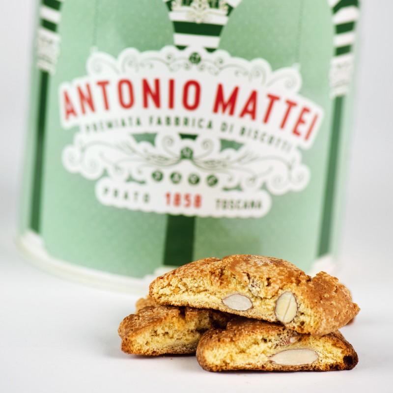 Biscotti di Prato alle mandorle, latta Clara, Toskanisches Mandelgebäck, runder Blechdose, Mattei - 500 g - Dose