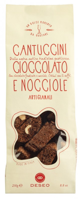 Biscotti Toscani Artigianali cioccolato + nocciole, Gebäck mit Schokolade und Haselnüssen, Deseo - 250 g - Beutel