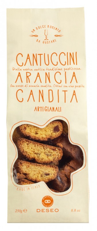 Biscotti Toscani Artigianali con arancia candita, Gebäck mit kandierten Orangen, Deseo - 250 g - Beutel