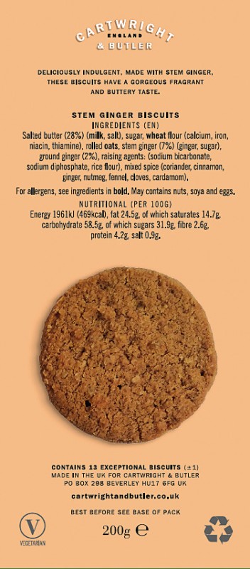 Stem Ginger Biscuits, Ginger Cookies, Cartwright and Butler - 200 g - pack