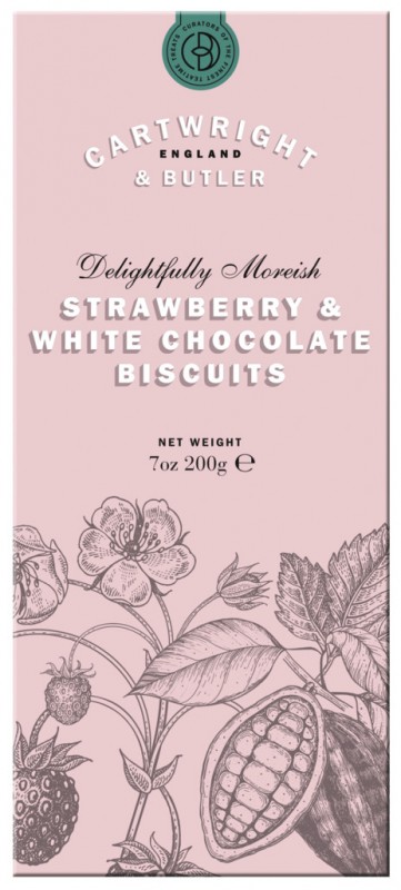Biscuits met aardbeien en witte chocolade, koekjes met witte chocolade en aardbeien, Cartwright en Butler - 200 gram - inpakken