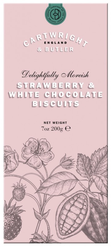 Biscuits met aardbeien en witte chocolade, koekjes met witte chocolade en aardbeien, Cartwright en Butler - 200 gram - inpakken