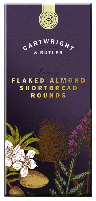 Flaked Almond Shortbread Rounds, Buttergebäck mit Mandelblättchen, Cartwright & Butler - 200 g - Packung Flaked Almond Shortbread Rounds, Buttergebäck mit Mandelblättchen, Cartwright & Butler - 200 g - Packung