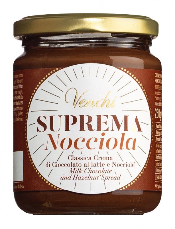 Suprema Nocciola, Schokoladencreme mit Haselnüssen und Olivenöl, Venchi - 250 g - Glas Suprema Nocciola, Schokoladencreme mit Haselnüssen und Olivenöl, Venchi - 250 g - Glas