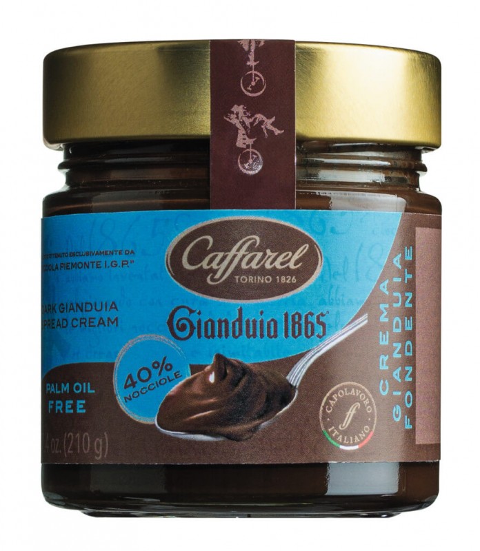 Crema Gianduia fondente Premium, hasselnødcreme med mørk chokolade, caffarel - 210 g - glas