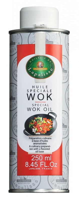 Huile spéciale wok, huile de tournesol, pépins de raisin et sésame aromatisée, Huilerie Lapalisse - 250ml - pouvez