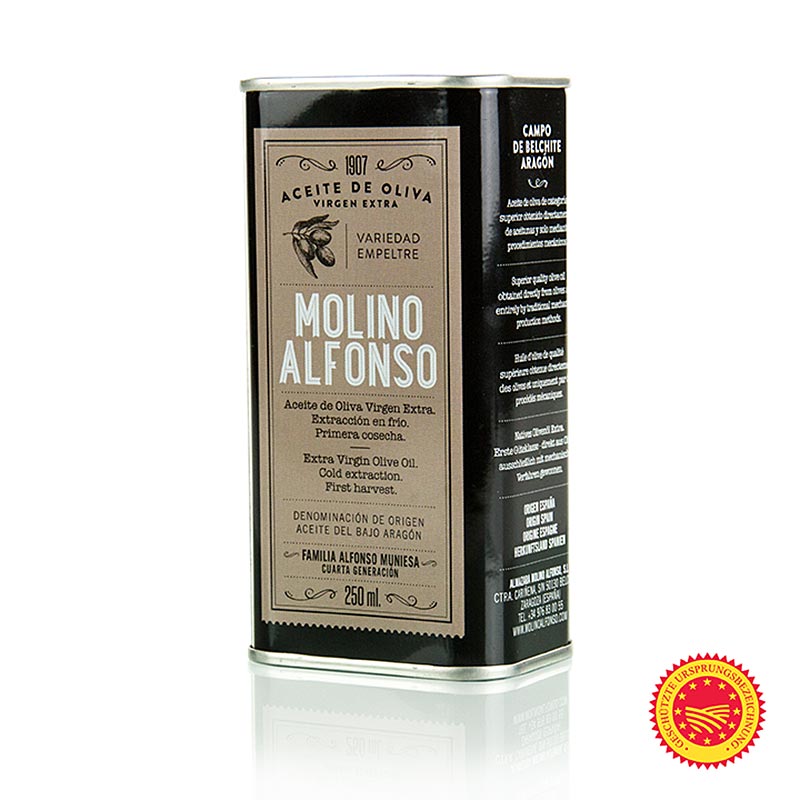 Natives Olivenöl Extra, Molino Alfonso Bajo Aragon DOP / g.U., 100% Empeltre - 250 ml - Dose