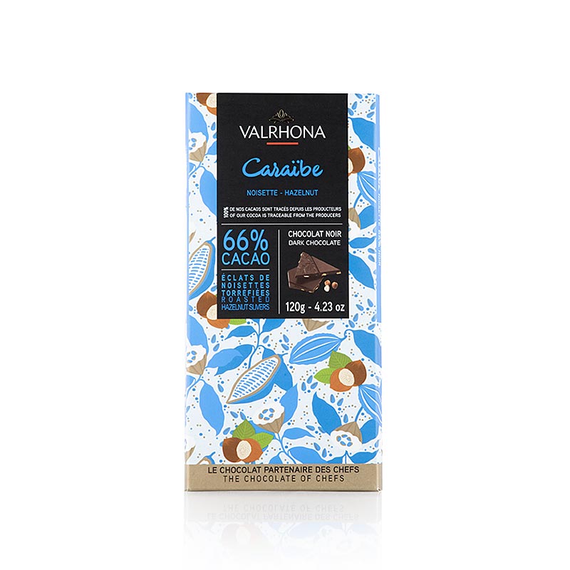 Valrhona Caraibe - donkere chocolade met reepjes hazelnoot, 66% cacao, Caribisch - 120g - doos
