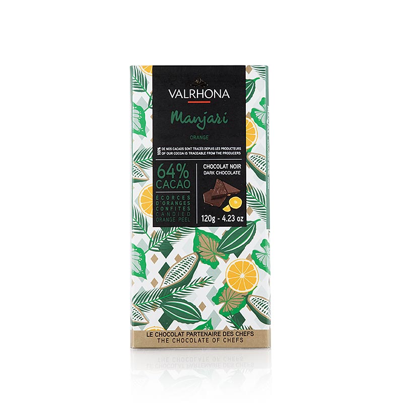 Valrhona Manjari - Bitterschokolade, mit Orangenstückchen, 64% Kakao, Madagaskar - 120 g - Schachtel