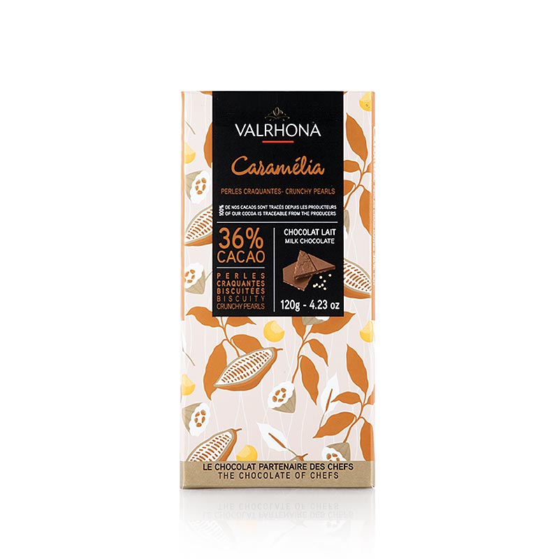 Valrhona Caramelia - sødmælkschokolade, med puffet hvede, 36% kakao - 120 g - boks