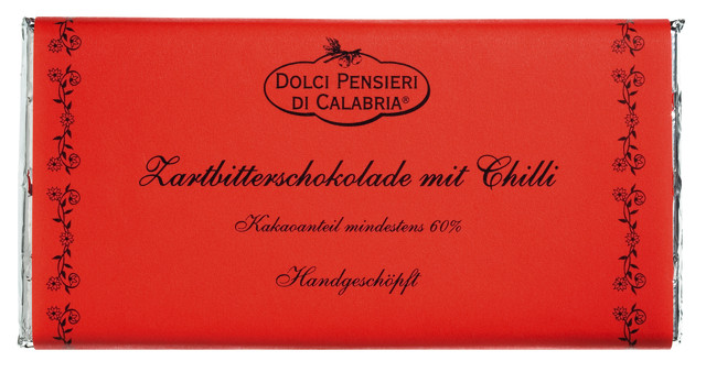 Cioccolato extra fondente al peperoncino, Zartbitterschokolade mit Chili, Dolci Pensieri - 100 g - Tafel