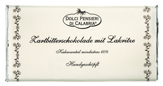 Cioccolato extra fondente alla liquirizia, Zartbitterschokolade mit Lakritz, Dolci Pensieri - 100 g - Tafel
