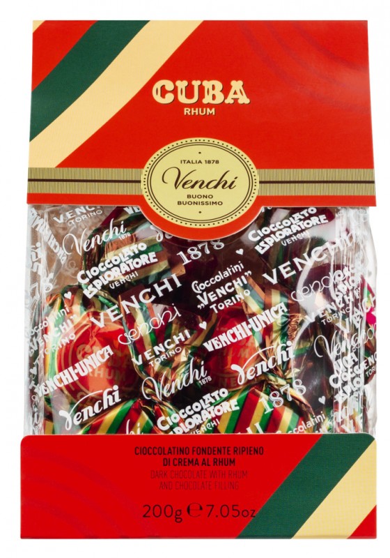 Sac cadeau Cuba Rhum, chocolats chocolat noir. avec garniture à la crème, coffret cadeau, Venchi - 200 g - pack
