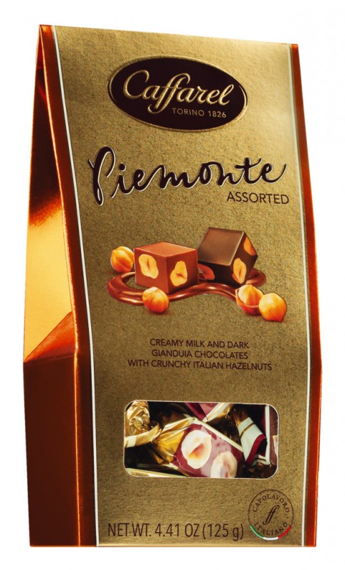 Assortiment Piemonte Golden Ballotin, Hazelnootpralines met Gianduia assorti, Pack, Caffarel - 125g - inpakken