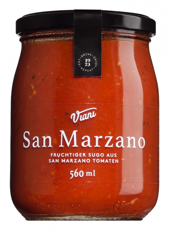 Sugo con pomodoro San Marzano DOP, fruitige saus gemaakt van San Marzano tomaten DOP, Viani - 560ml - Glas