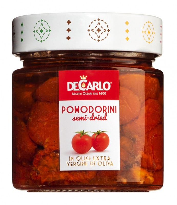 Pomodori semisecchi sott`olio, halvtørrede tomater i olie, De Carlo - 200 g - glas