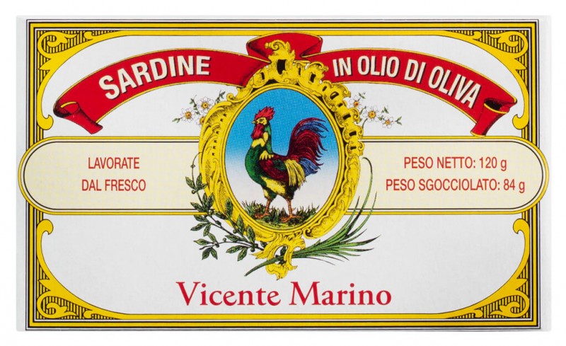 Sardine in olio di oliva, sardines in olive oil, semi-preserved, Vicente Marino - 120 g - can