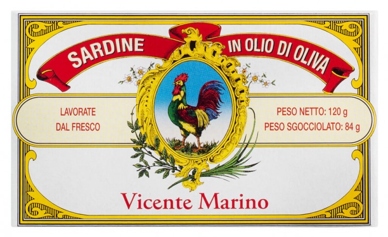 Sardine in olio di oliva, sardines à l`huile d`olive, semi-conserve, Vicente Marino - 120 g - boîte