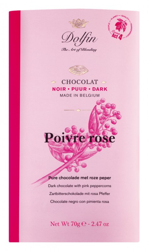 Tablette, noir au poivre rose, barre de chocolat, noir au poivre rose, Dolfin - 70 g - table