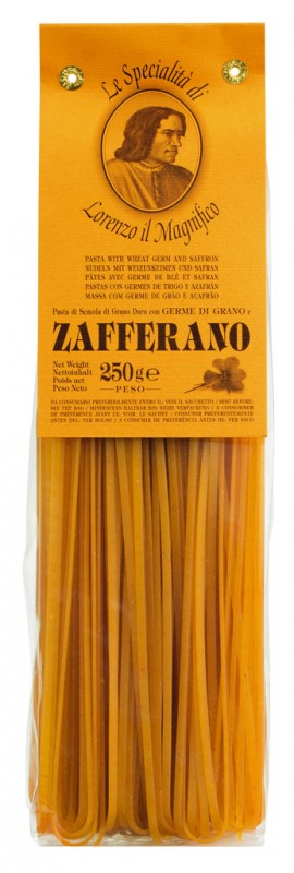 Linguine mit Safran, Bandnudeln mit Safran und Weizenkeimen, 7 mm, Lorenzo il Magnifico - 250 g - Packung