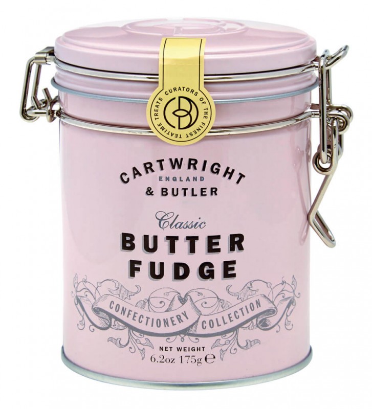 Blød karamel med smør, pink boks, smør fusk, steg tin, Cartwright og Butler - 175 g - sokkel