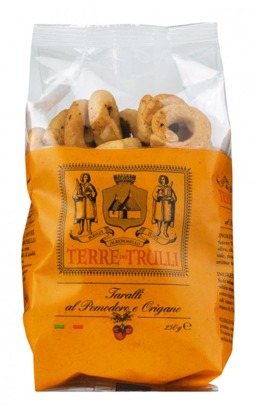 Taralli al Pomodoro e Origano, savory pastries with tomato and oregano, Terre dei Trulli - 250 g - bag