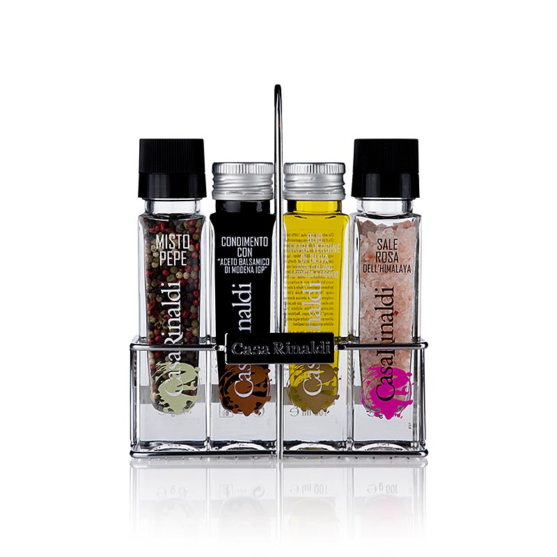 Cruet with extra virgin olive oil, balsamic vinegar, colored pepper, salt, Casa Rinaldi - 1.56 kg, 4 pieces - box