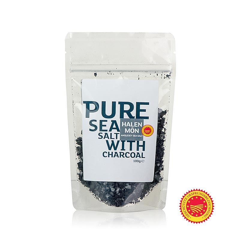 Halen Mon - Dekorsalz Meersalzflocken mit Aktivkohle, aus Wales - 100 g - Beutel Halen Mon - Dekorsalz Meersalzflocken mit Aktivkohle, aus Wales - 100 g - Beutel