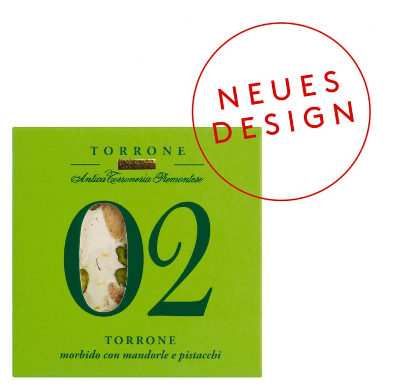 2 - Torrone morbido con pistacchi e mandorle, Nougat mit Pistazien aus Bronte und Mandeln, weich, Antica Torroneria Piemontese - 80 g - Packung